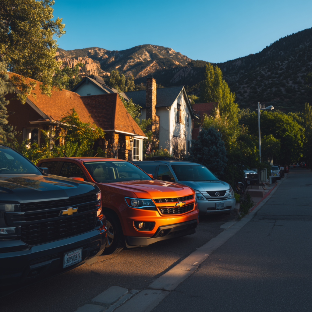 Modern cars parked near houses in Colorado, USA.