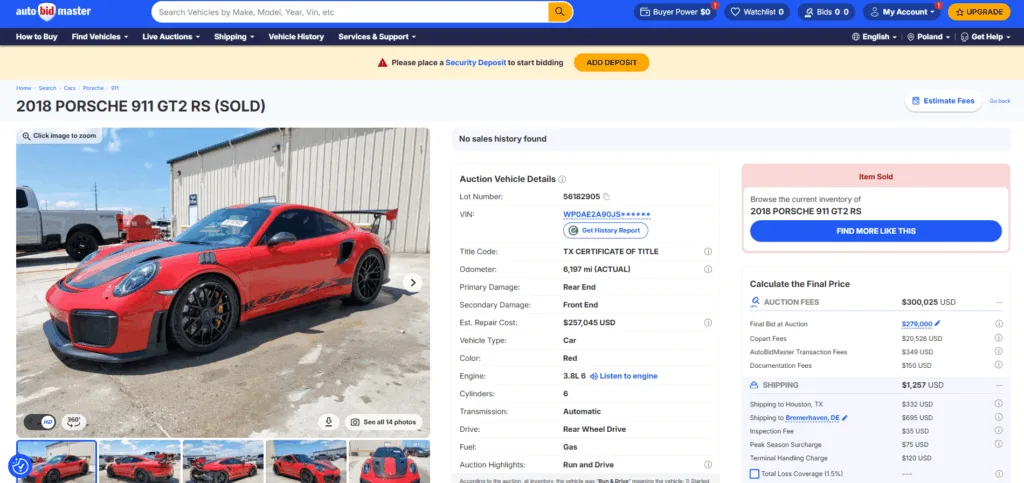 2018 Porsche GT2 RS lot page, indicating the item is sold.