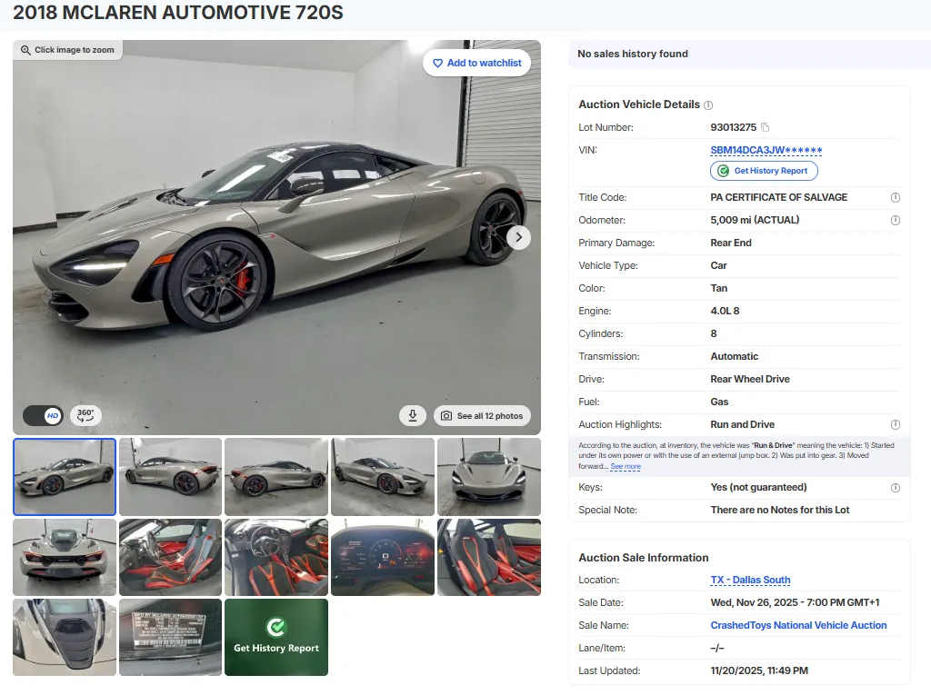 Screenshot of the AutoBidMaster listing for a 2018 McLaren 720S with salvage title, showing images, lot details, mileage, damage type, and auction location.