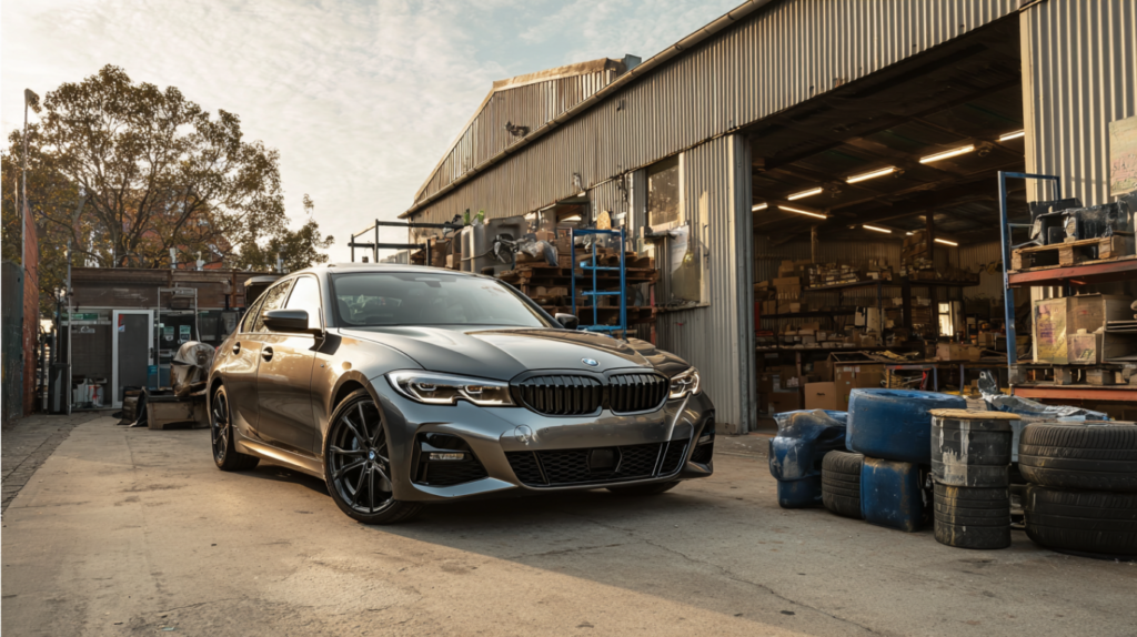BMW with used spare parts like doors and bumpers ready for installation