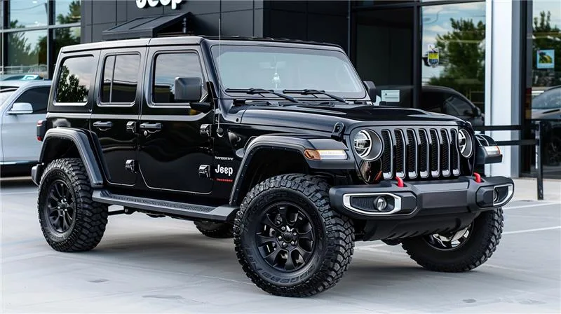 Black Jeep Wrangler at dealership.