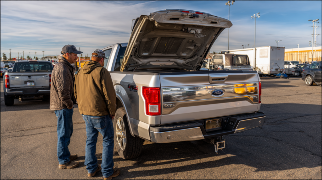 Buyer inspecting Ford F-150 used pickup truck with trailer hitch