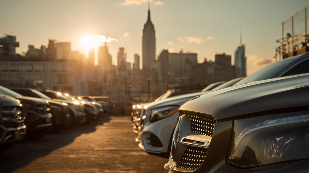 A clean, sunlit car lot with neatly parked vehicles and a soft, distant view of the Manhattan skyline.