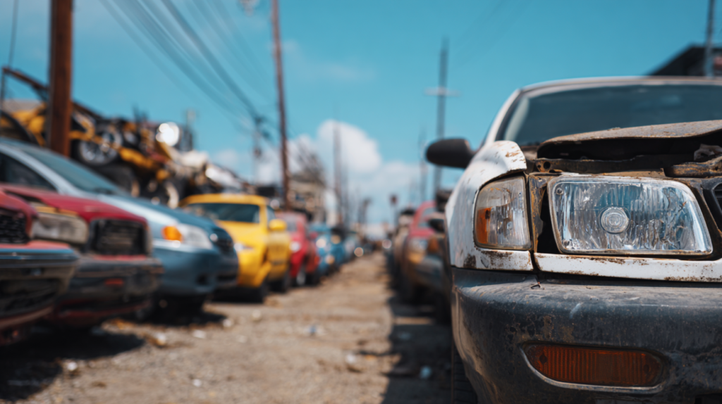 Row of damaged vehicles in a salvage yard under soft daylight.