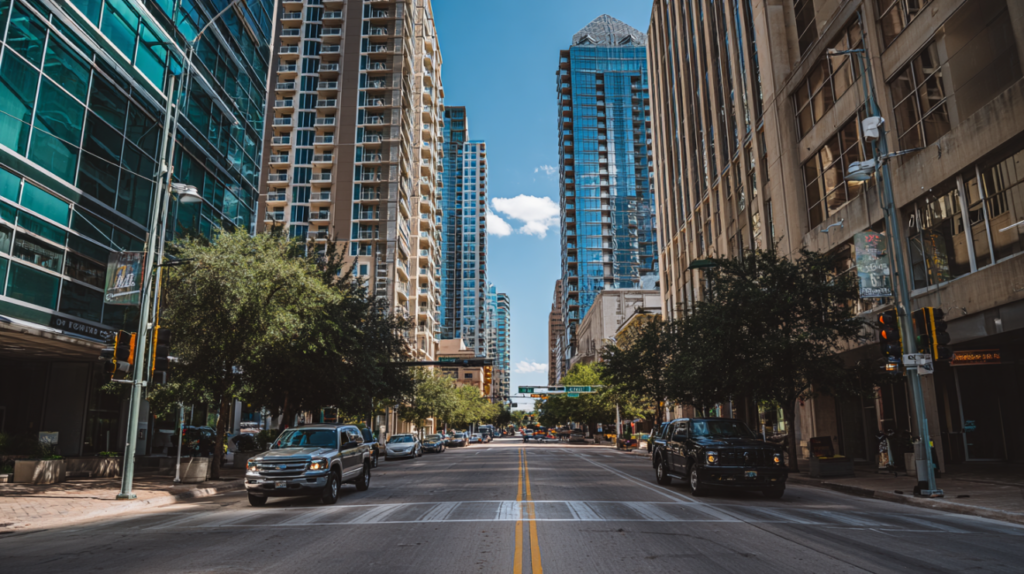 Cars driving through a downtown Texas street with modern buildings.