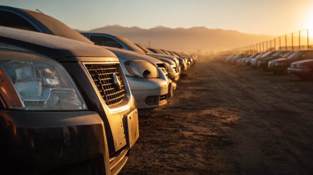 Row of vehicles in a California salvage auction yard at sunrise with mountains in the background.