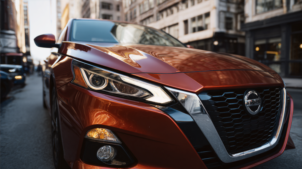 A front three-quarter view of a Nissan Altima in an urban setting.