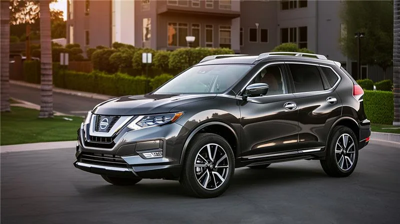 Dark gray Nissan Rogue SUV parked on street.