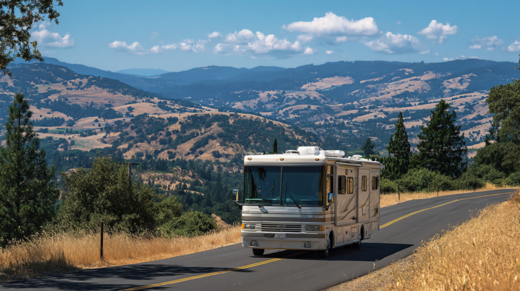 Driver test driving a used RV on a countryside road.