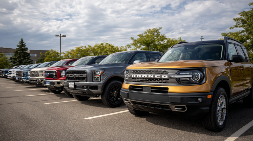 A lineup of Ford SUVs and trucks in an open outdoor space.