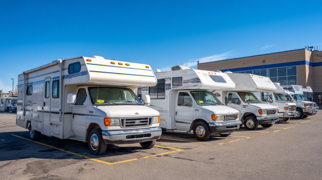 Used Class C RV, Class B RV, and Class A RV for sale at dealership lot.