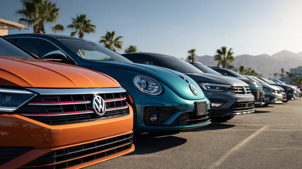 A lineup of Volkswagen vehicles, including a Golf, Tiguan, Atlas, Beetle, and Jetta, parked outdoors in bright daylight.