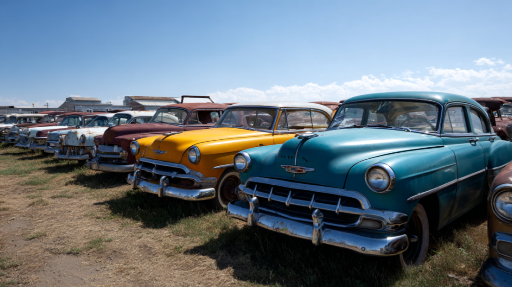Classic Chevrolet and other vintage cars parked outdoors in a salvage yard