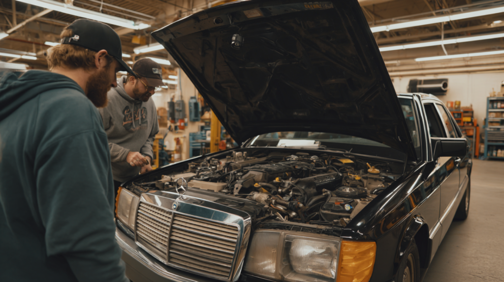 Mechanic inspecting used Mercedes Benz engine before test drive