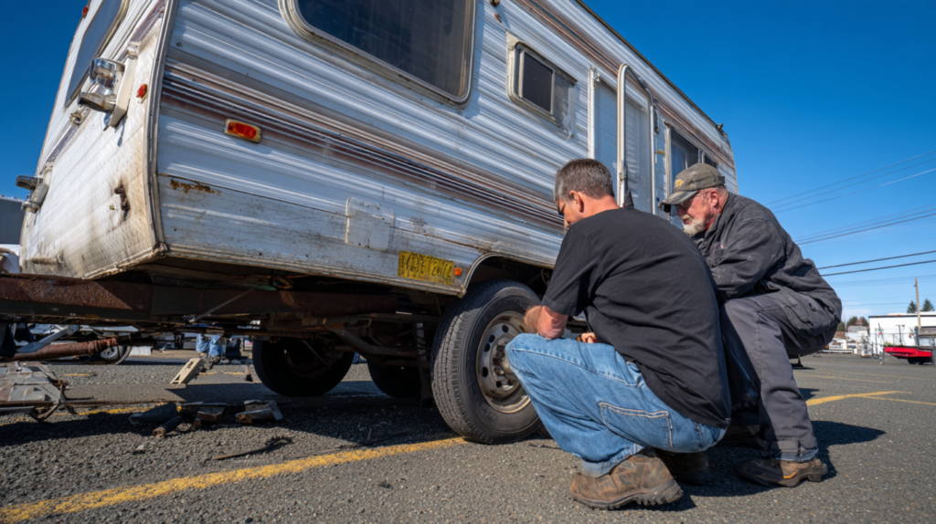 Mechanic and buyer inspecting a used camper trailer for damage.