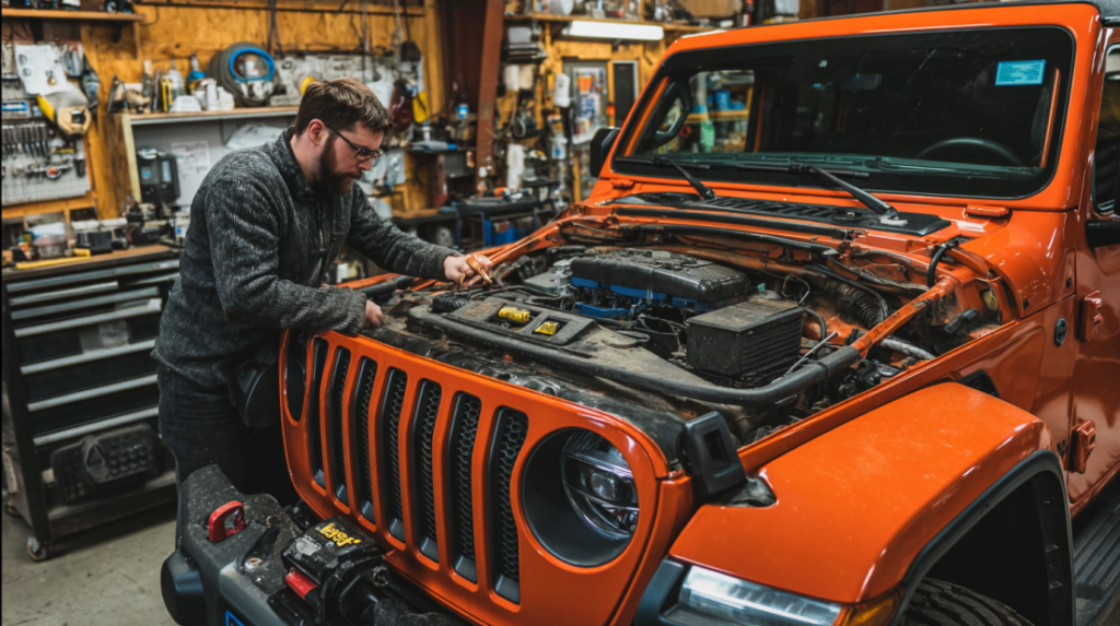 A mechanic in a workshop carefully inspecting the engine bay of a used Jeep Wrangler, with tools nearby and the hood open.