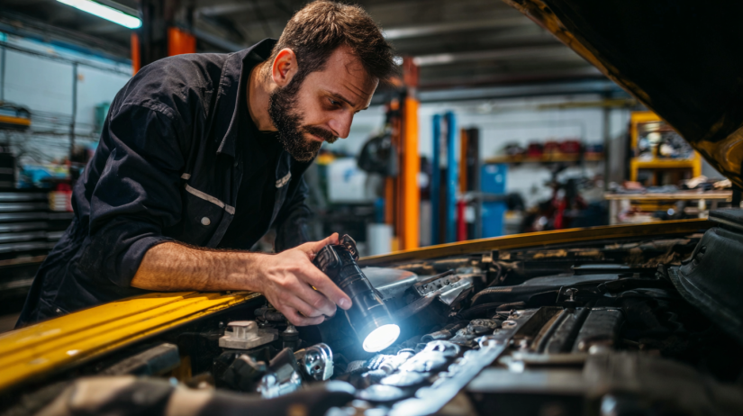 Mechanic inspecting a used BMW engine before purchase.