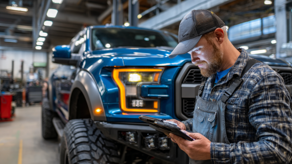 Mechanic comparing pickup truck parts online beside a Ford F-150