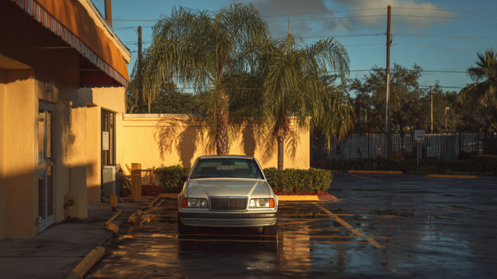 Car in a sunny Florida setting with subtle signs of flood exposure and palm trees nearby.