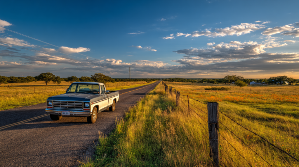Pickup truck on a rural Texas backroad surrounded by open prairie grass.