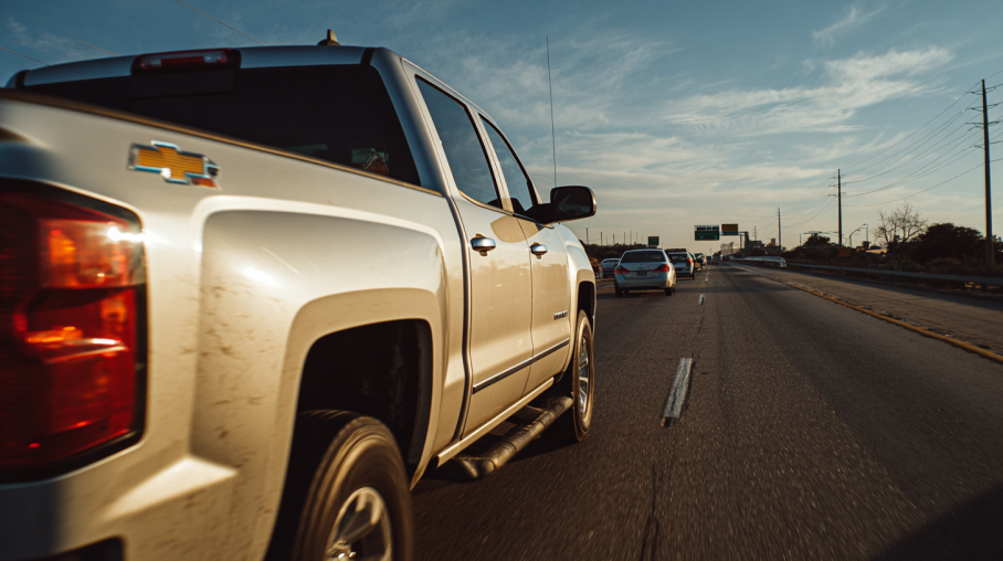 Used pickup truck driving on a sunny Texas highway with other vehicles and a visible driver.