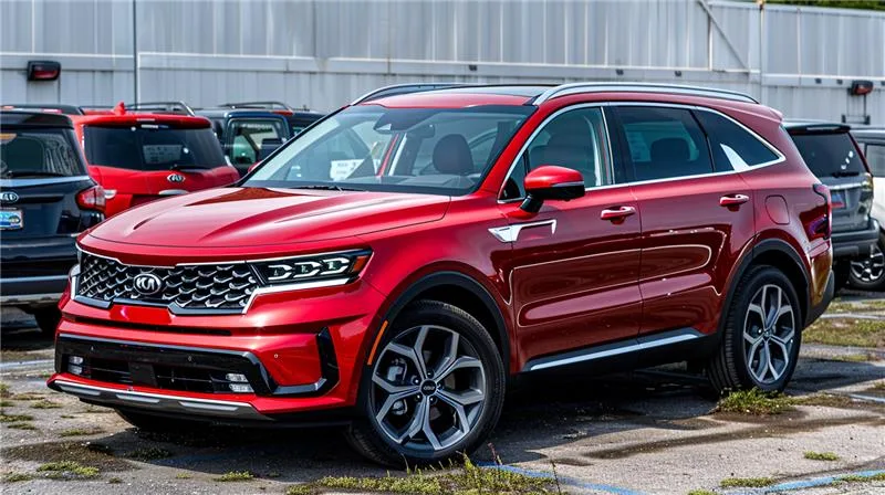 Red Kia Sorento SUV at auto auction lot.