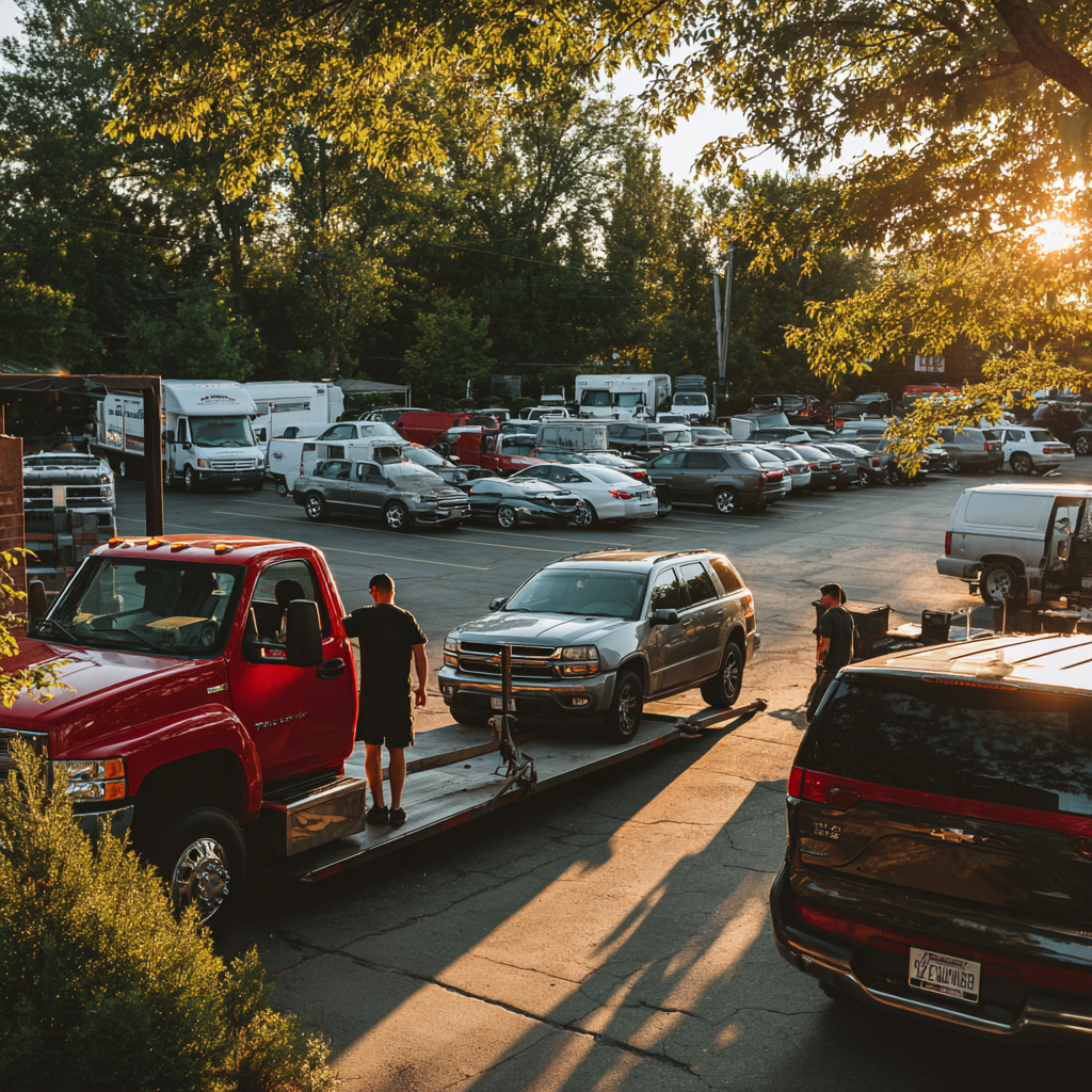 A red tow truck unloading a SUV at a car dealership parking lot.