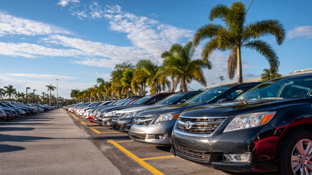 Row of cars at a Florida auto auction lot with palm trees and clear sky in the background.