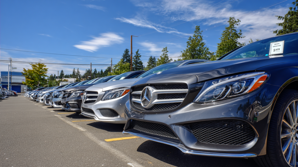 Used Mercedes Benz vehicles lined up at dealership lot