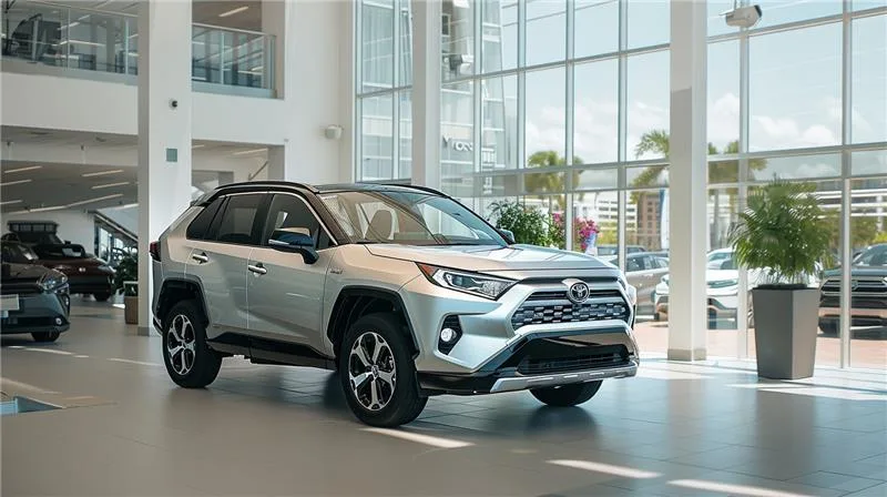 Silver Toyota RAV4 SUV in dealership showroom.