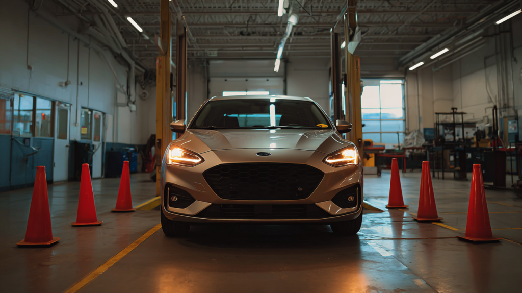 Car parked in a clean inspection bay with subtle equipment in the background.