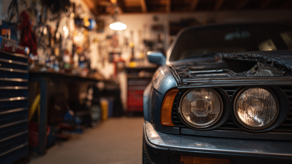 Damaged car in a garage with tools in the background, softly blurred.