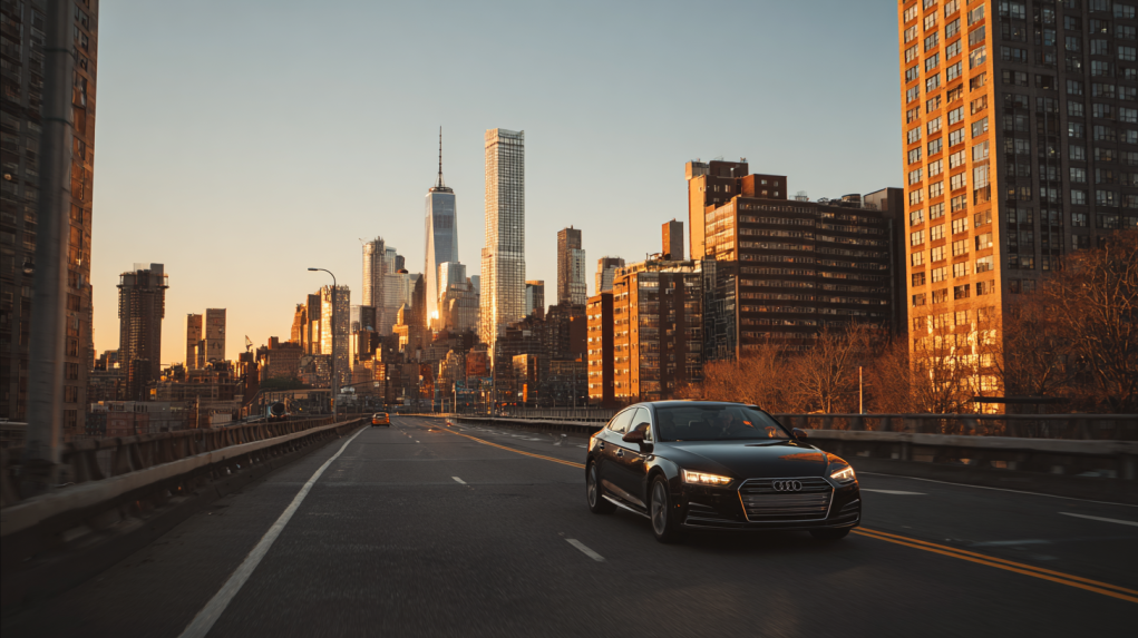 A car driving on an elevated New York City roadway with the Manhattan skyline in the background at golden hour.