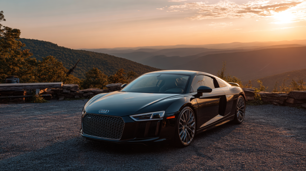 Used Audi R8 parked on mountain road at sunrise.