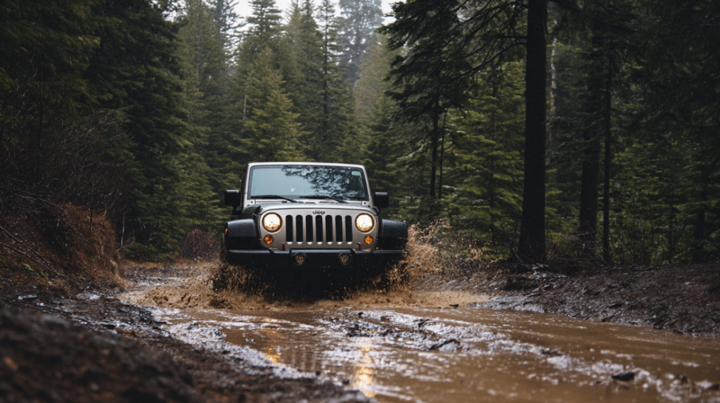 A used Jeep Wrangler driving through a muddy forest path after rainfall, splashing water and showcasing off-road capability.
