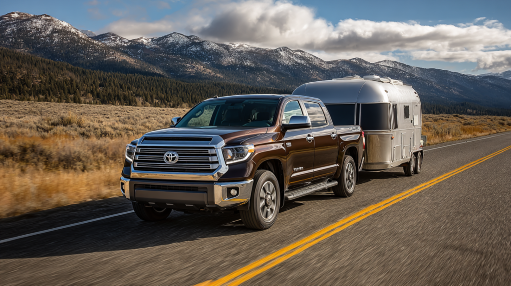 Used Toyota Tundra pickup towing a trailer on a rural road