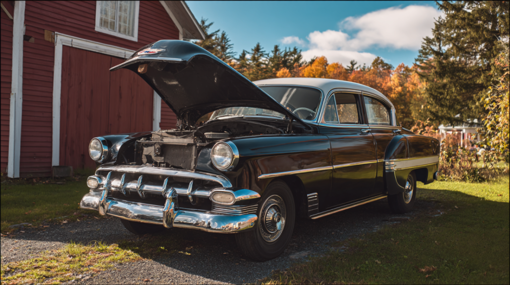Vintage Chevrolet parked outdoors with hood open showing engine