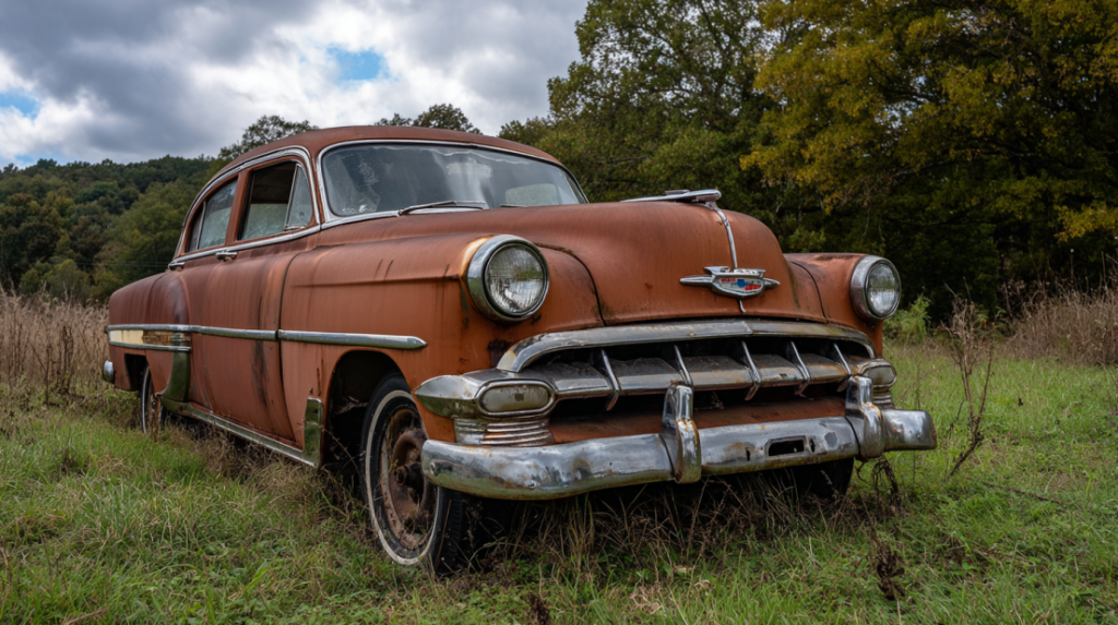 Weathered vintage Chevrolet outdoors in a grassy salvage lot
