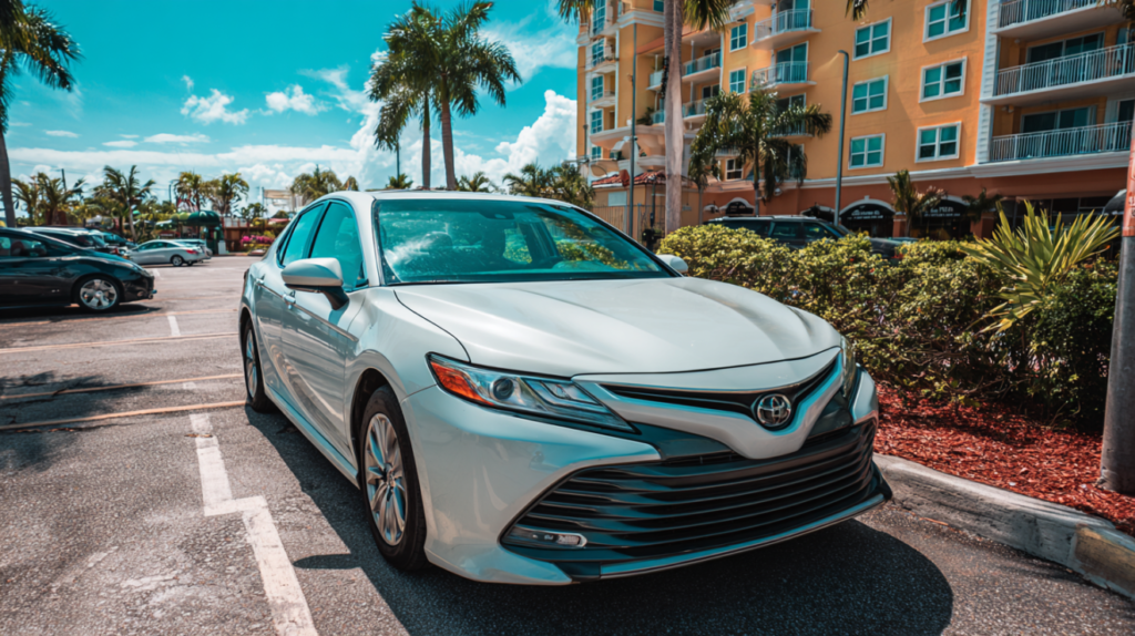 Well-maintained car parked in a palm-lined Florida lot under warm, bright sunlight.