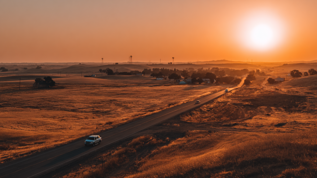Rural Texas road stretching through open fields at golden hour.