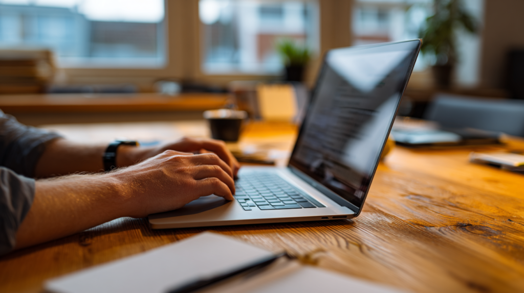 Person reviewing vehicle listing information on a laptop while preparing to bid at an Illinois auto auction.