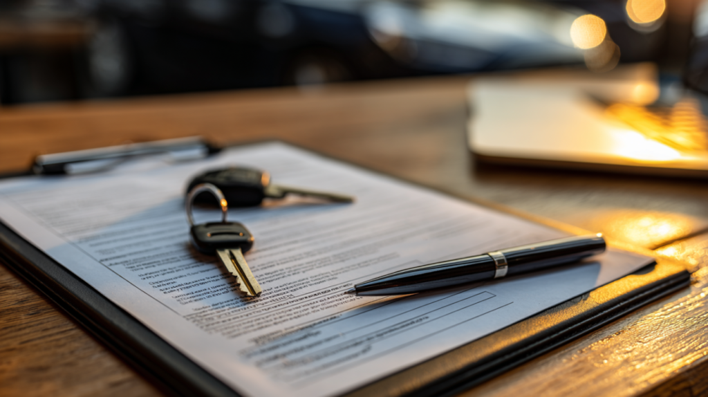 Flat-lay scene with car keys, a clipboard, and paperwork representing California vehicle documents.