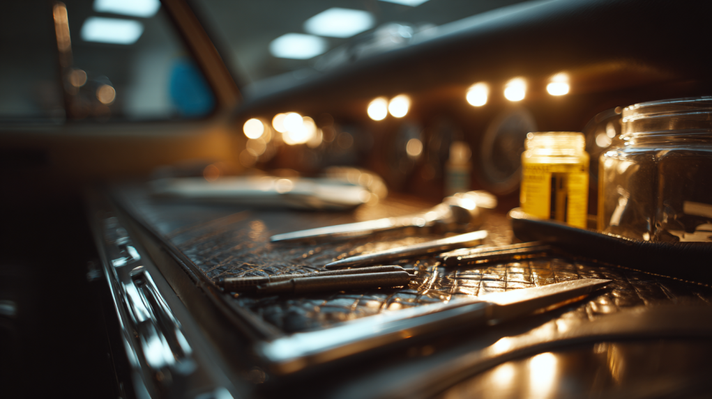 Close-up of a car interior being carefully worked on in a clean, well-lit workshop environment.