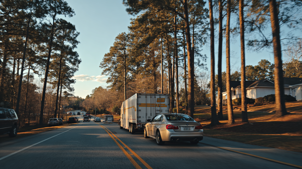 Vehicle being transported on a trailer along a suburban road in Georgia.
