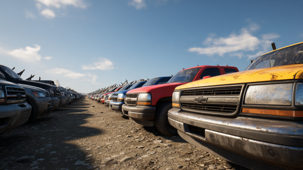 Rows of different auction cars parked neatly in a salvage yard.