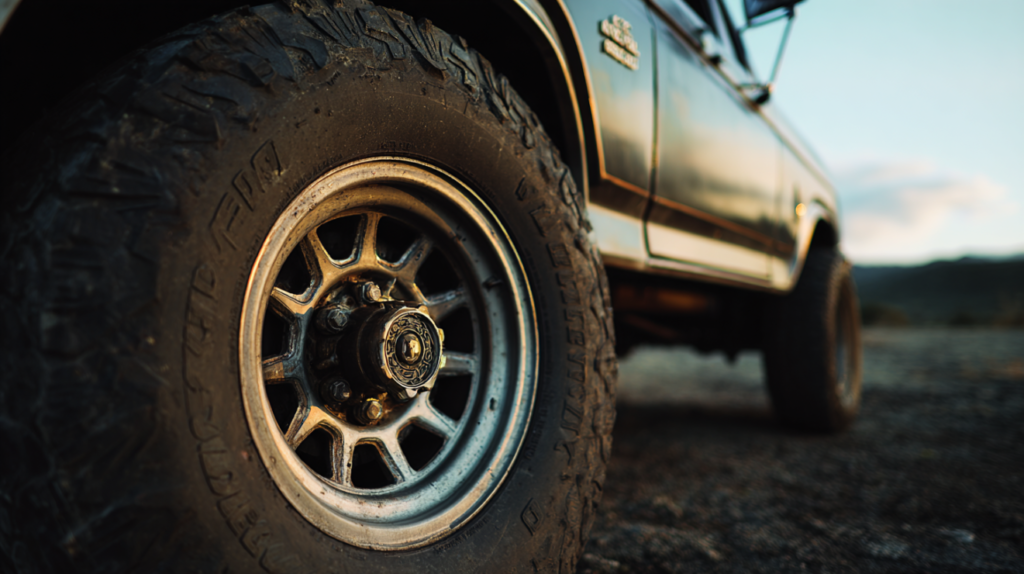 Close-up of a Ford Bronco wheel and tire.