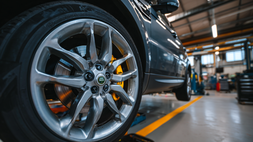 Close-up of SUV brake system showing wheel, rotor, and brake pads.