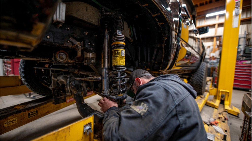 Mechanic installing new suspension parts under a pickup truck