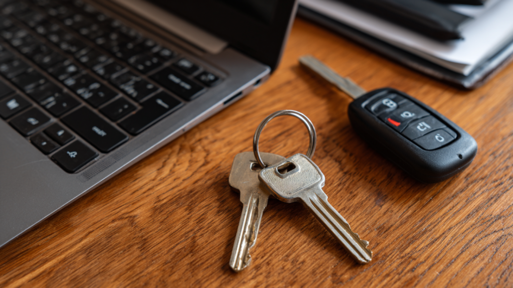 Car keys, Michigan title documents, and a laptop arranged neatly on a wooden desk, representing vehicle auction preparation.