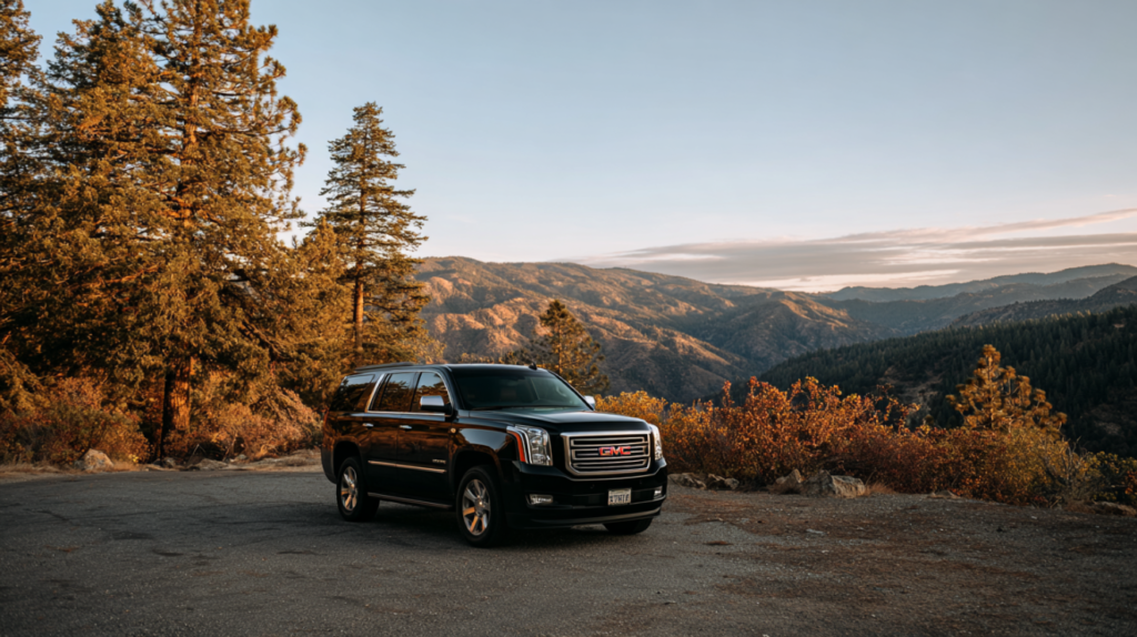 GMC Yukon positioned in a scenic mountain landscape.
